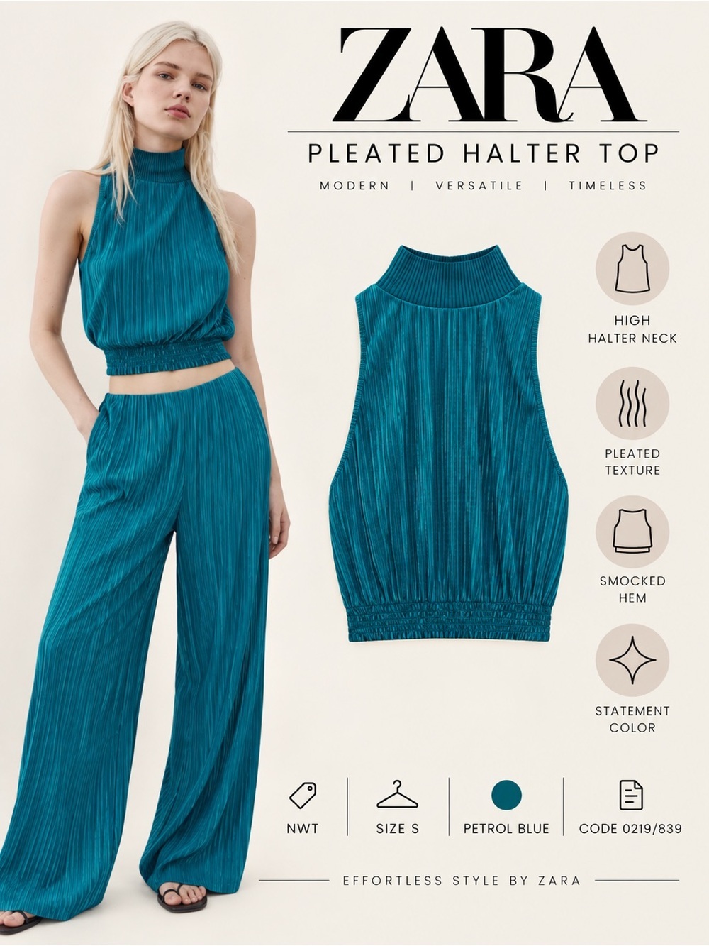 ZARA Petrol Blue Pleated Halter Crop Top Size S NWT